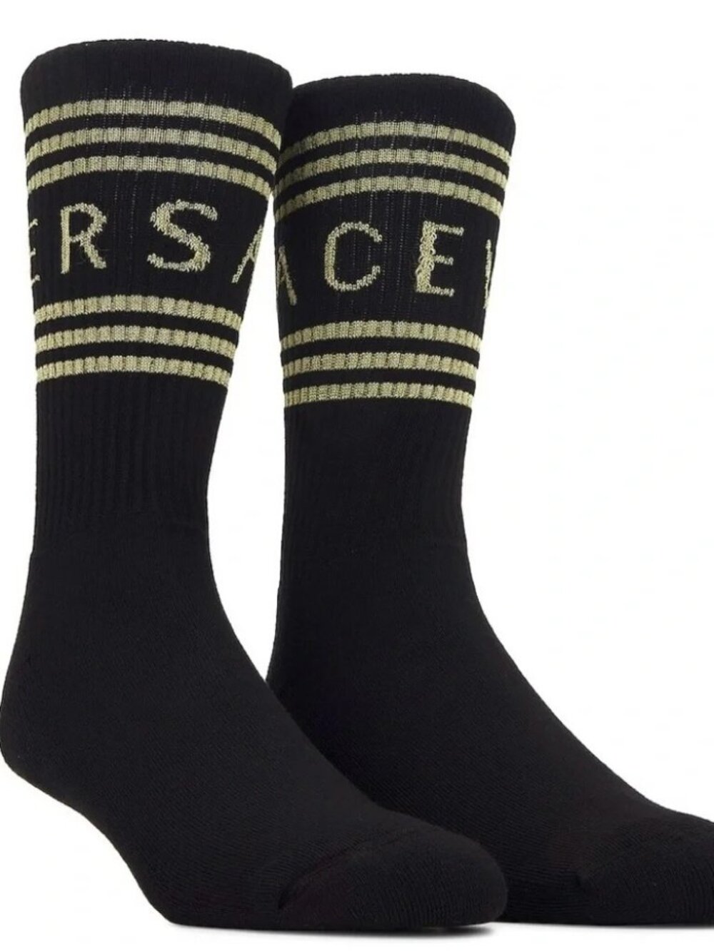 NWT Versace Black Crew Socks with Metallic Gold Logo Stripes - Picture 2 of 9